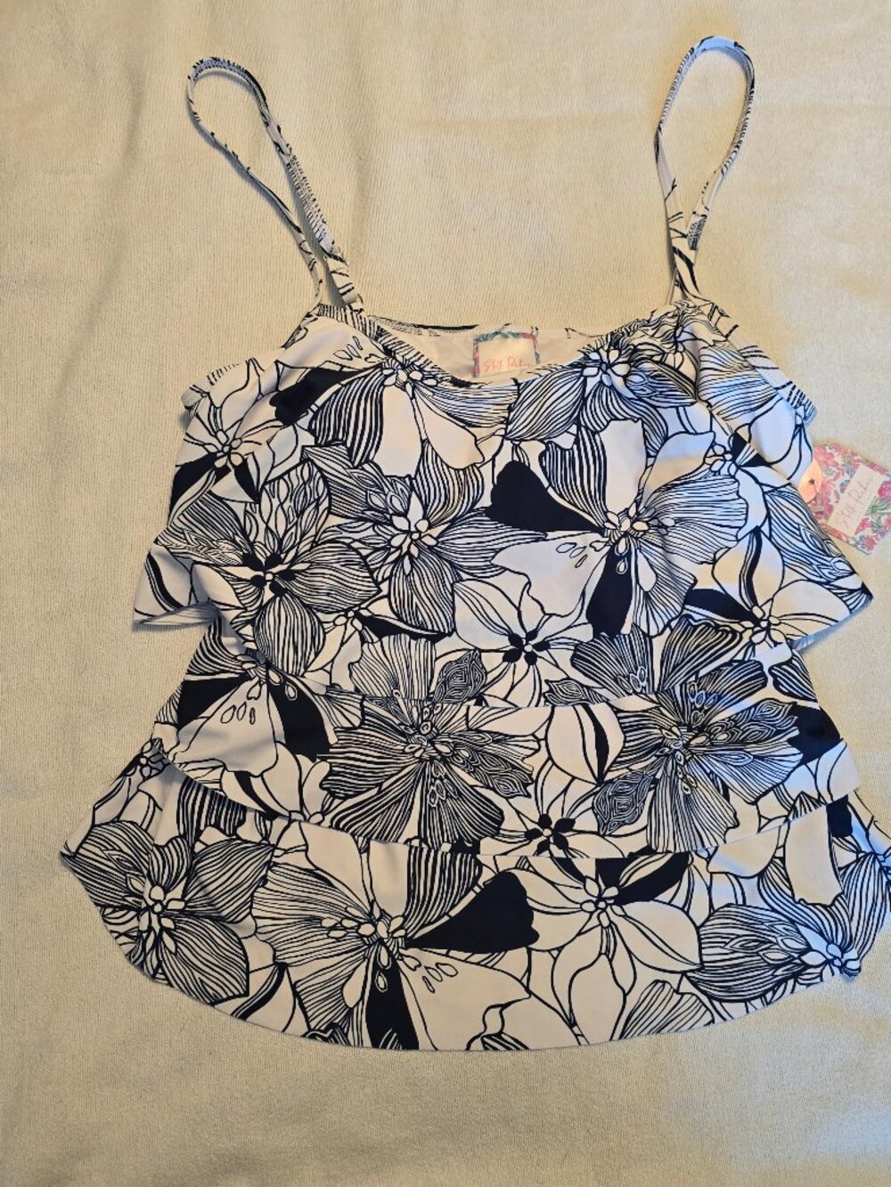 Stella Parker Size Large 3-Tier Tankini Top Navy Blue White Floral Top ONLY NWT
